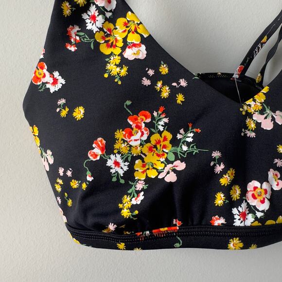 Aerie Offline Goals Plunge Sports Bra True Black Floral Mesh Back Strappy Active - Picture 5 of 15